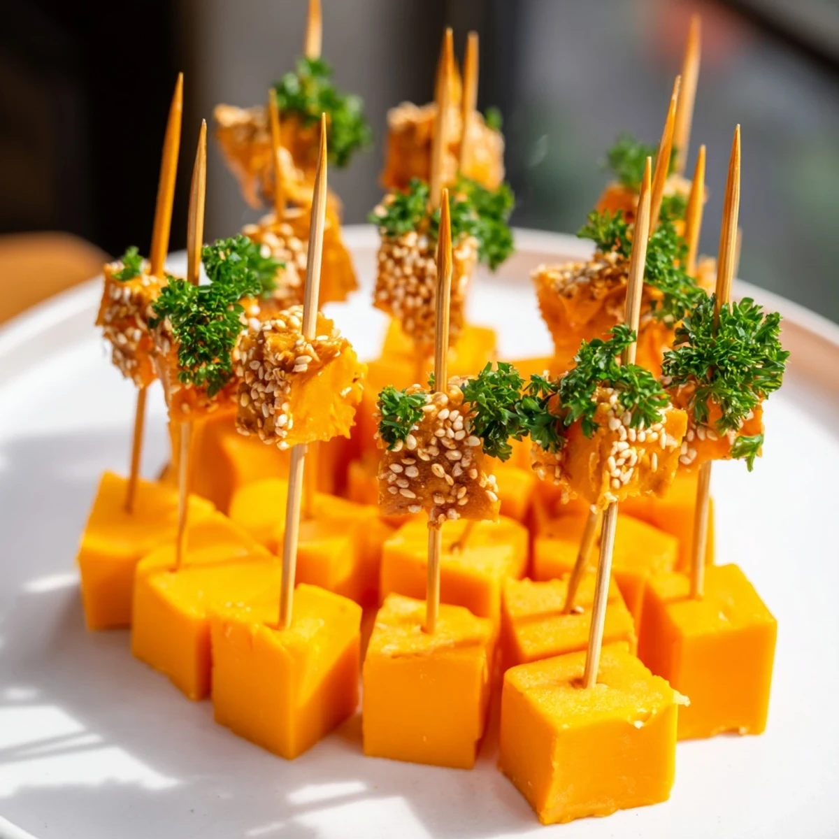 Crisp pretzel stick sparklers topped with sharp cheddar cheese, a perfect New Year's Eve appetizer.