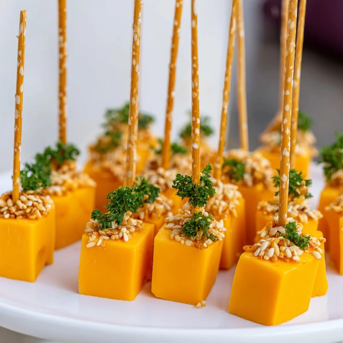 Golden cheddar cheese cubes on pretzel sticks form festive NYE Cheese Sparklers, ready to enjoy.
