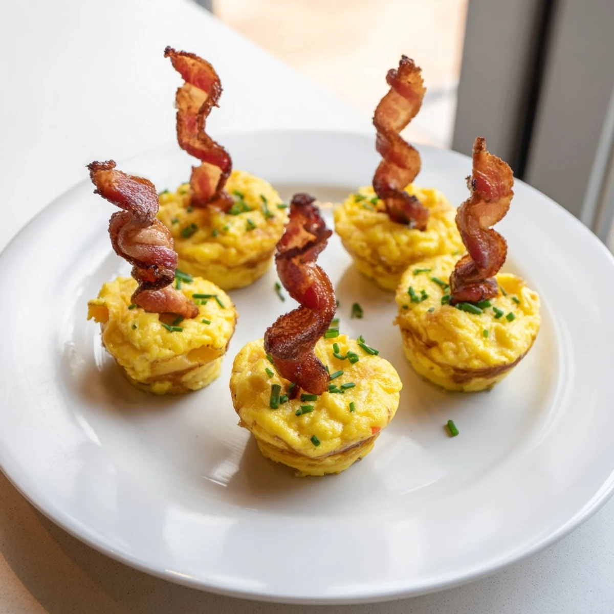 Golden brown Scrambled Egg Cups with bacon spirals; a savory, easy brunch side dish.