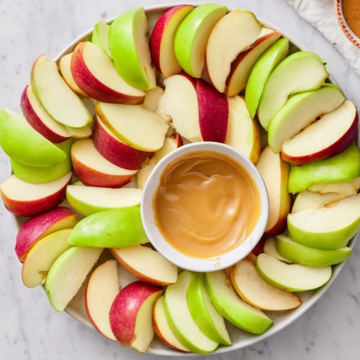 Crisp apple slices artfully surround a luscious, homemade caramel dip, a perfect Apple Slices appetizer.
