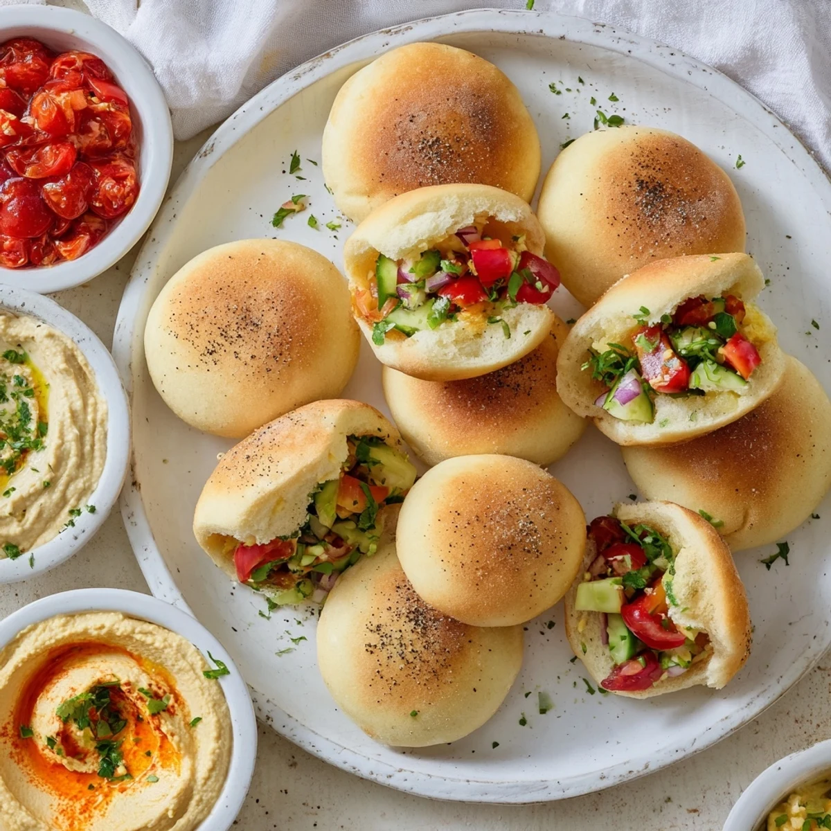 Fresh platter showcases vibrant mini pita pockets filled with veggies, alongside flavorful hummus bowls.