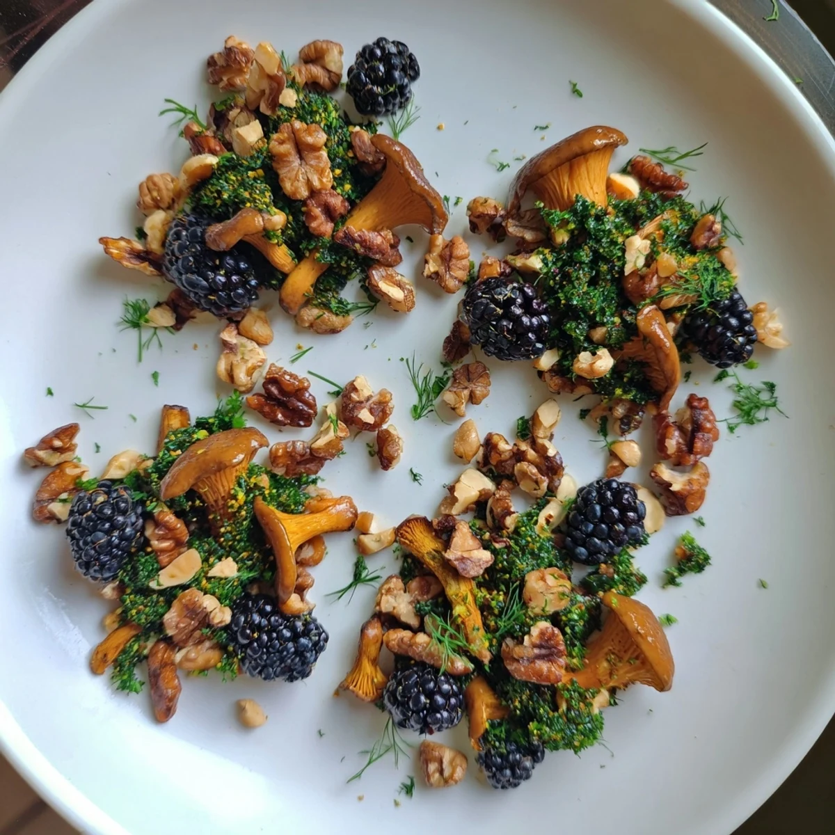A forest floor effect from the Northwest Forest Forager salad, featuring fresh berries and earthy mushrooms.