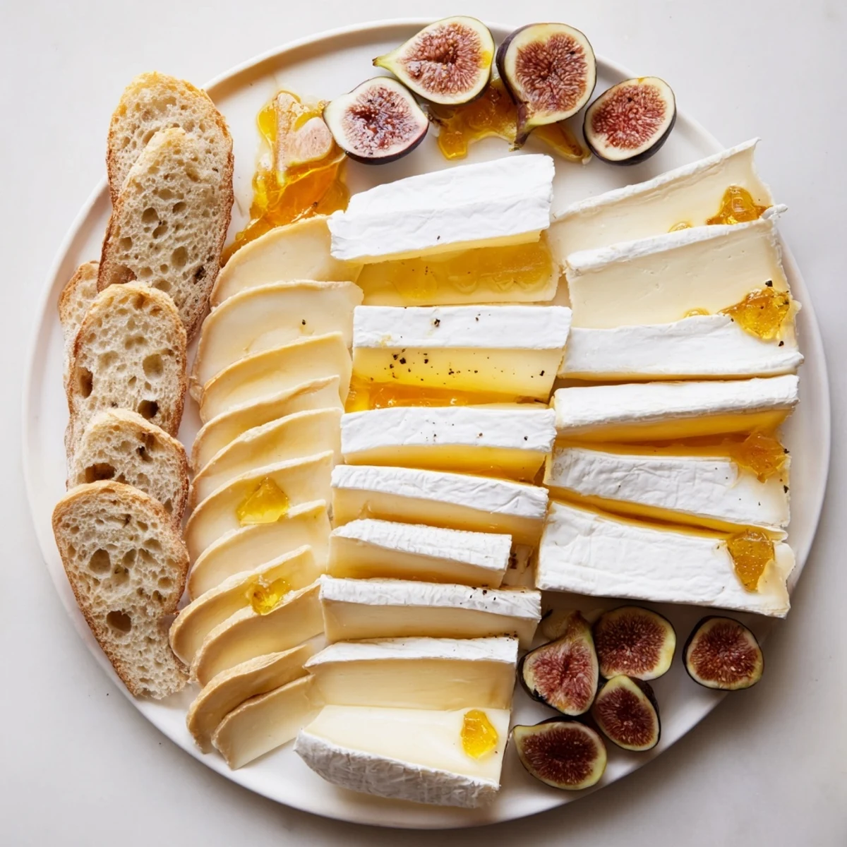 Elegant French Bistro platter with baguette, Brie, Comté, and figs, perfect for entertaining.