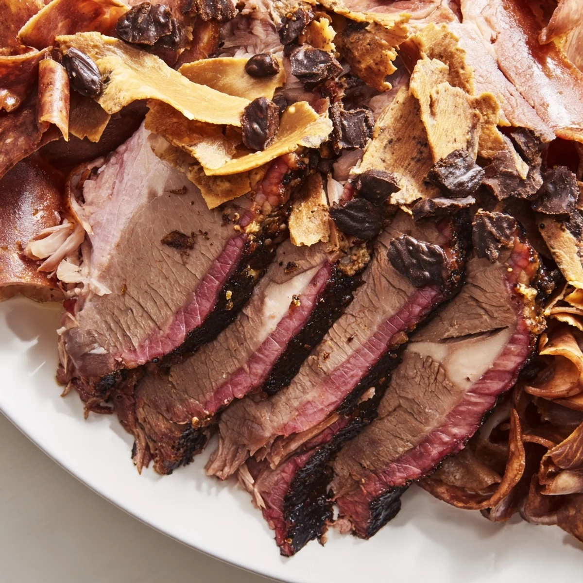 A beautifully arranged Smoky BBQ & Bourbon Companion featuring savory meats, creamy cheeses, and dark chocolate.