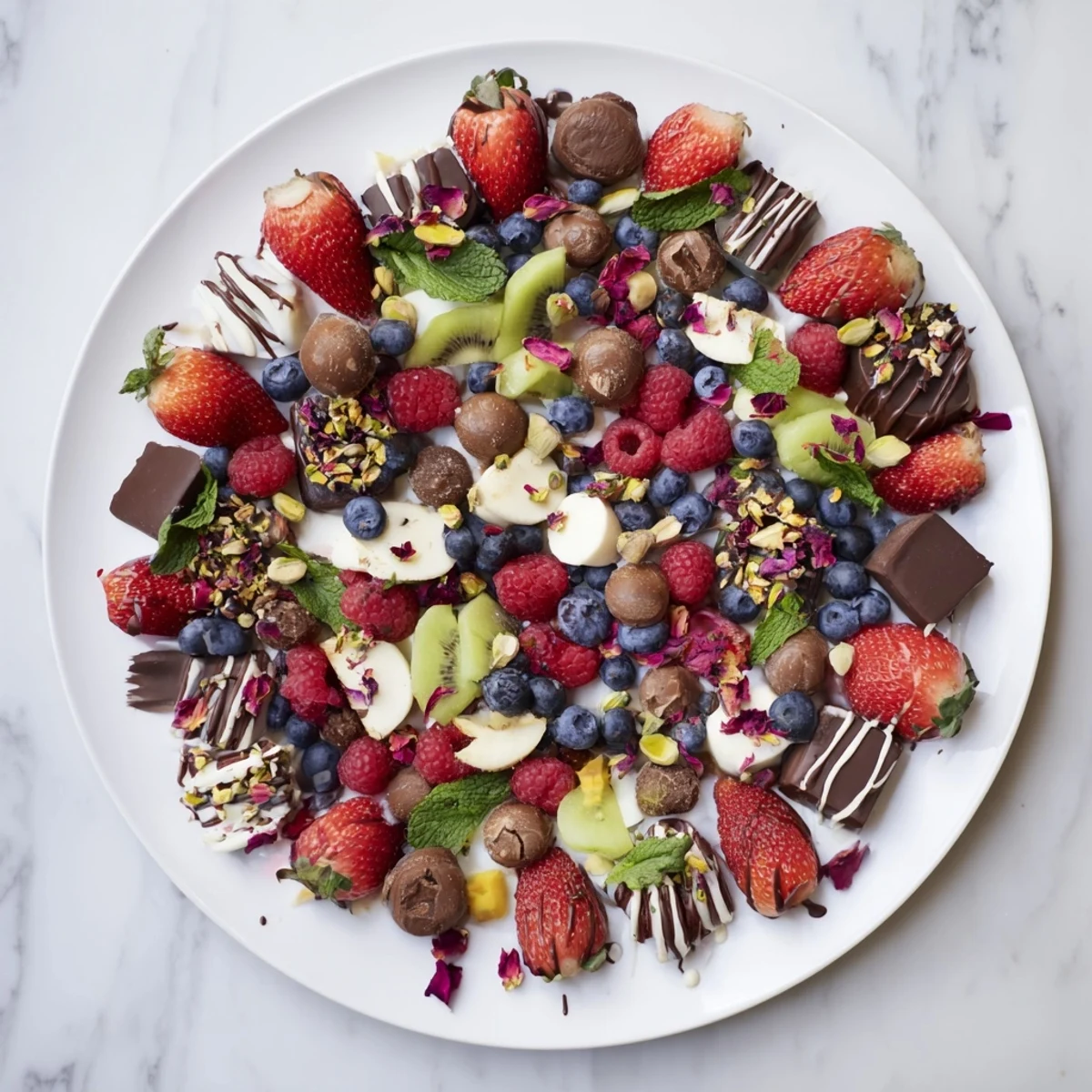 Elegant Sweet Dessert Decadence platter: a feast for the eyes featuring fresh berries and assorted chocolates.