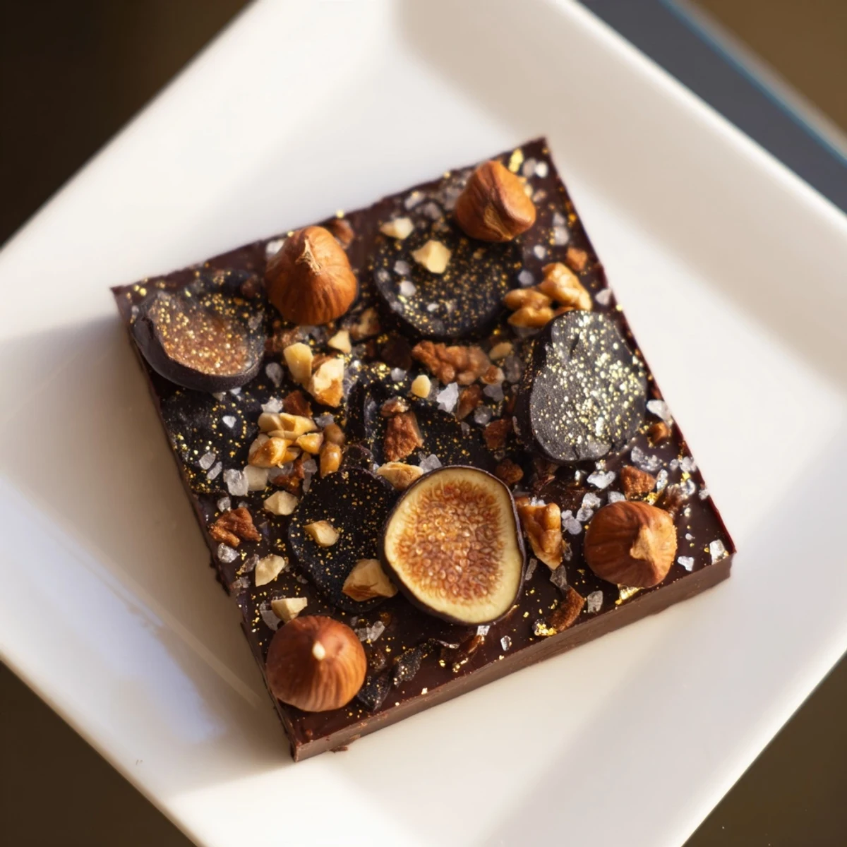 Rich Midnight Mosaic dessert showcasing dark chocolate, figs, and olives, a visually stunning treat.