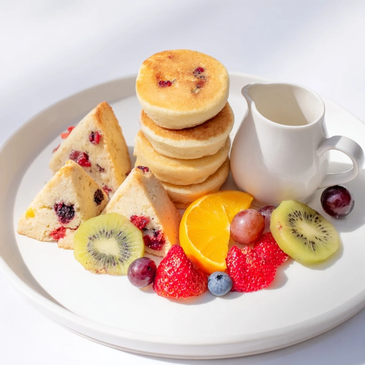 Breakfast Brunch Board Bliss with fluffy pancakes, fresh fruit, and sweet syrup, a visual feast.