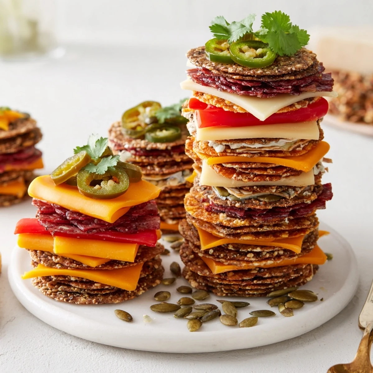 A close-up of The Southwest Mesa app, showcasing cheese layers and red pepper garnishes with a lovely presentation.