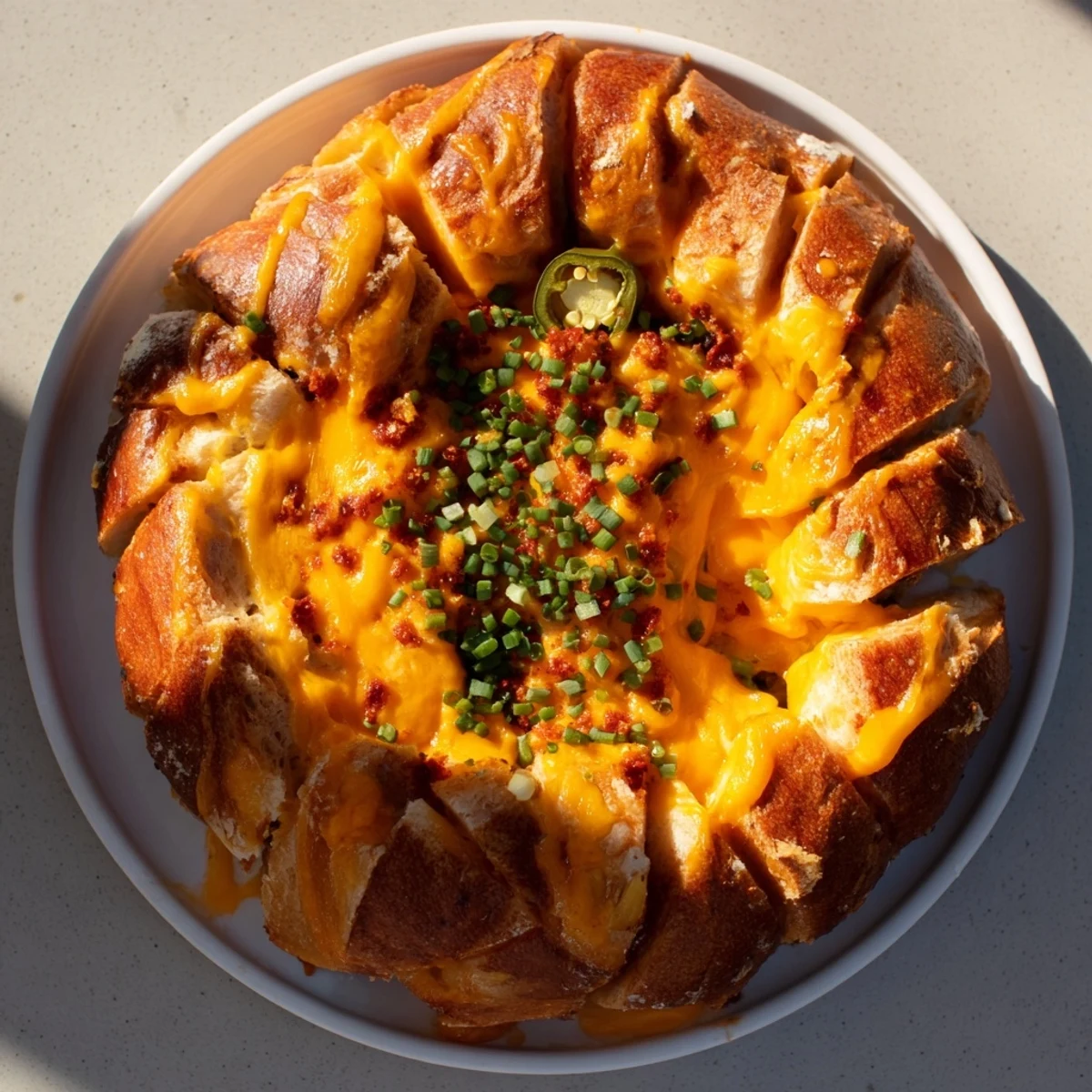 A close-up of a bubbly pimento cheese & jalapeño pull-apart grilled cheese showing the golden, crusty bread.