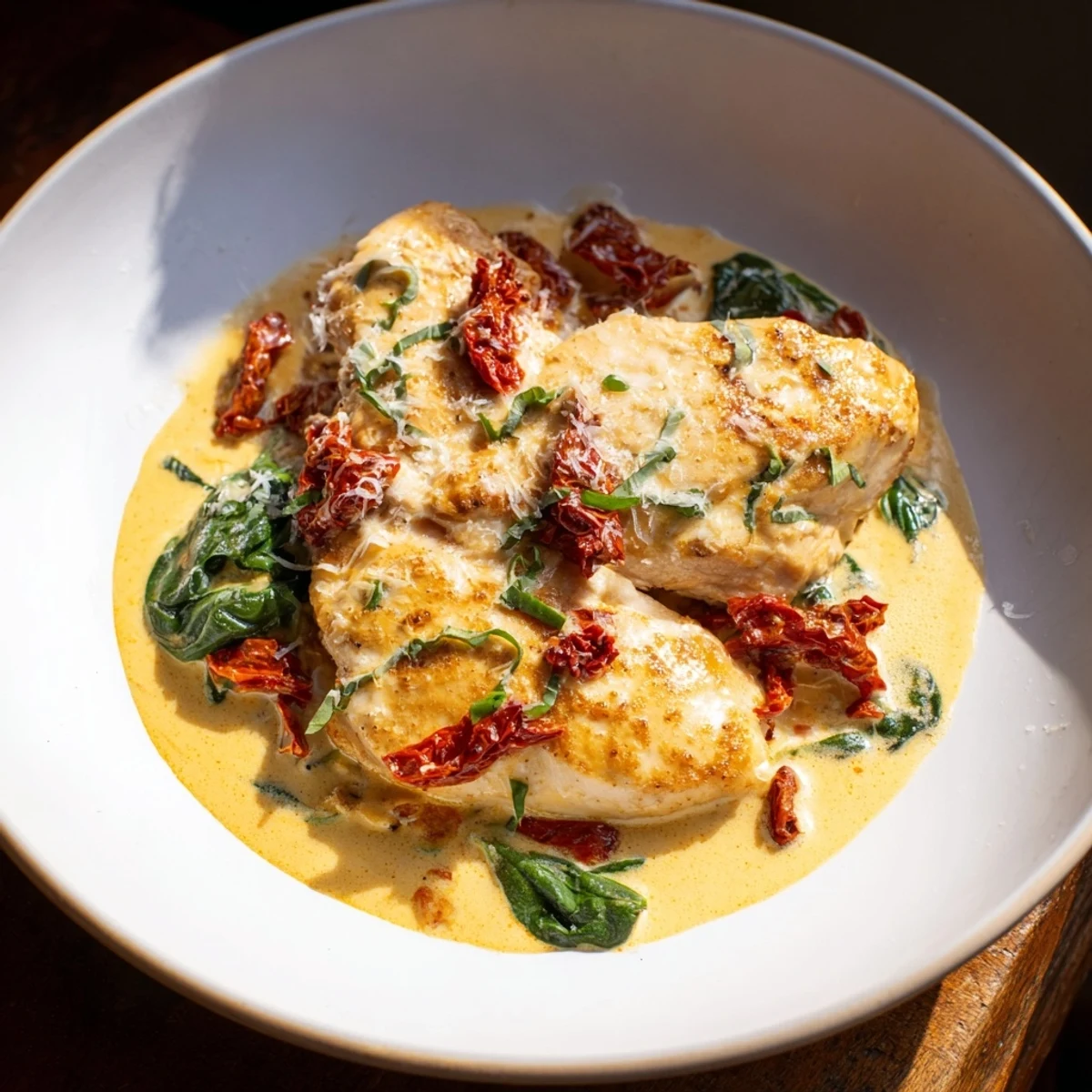 A close-up of Creamy Sun-Dried Tomato Chicken Skillet, ready to be served over pasta.