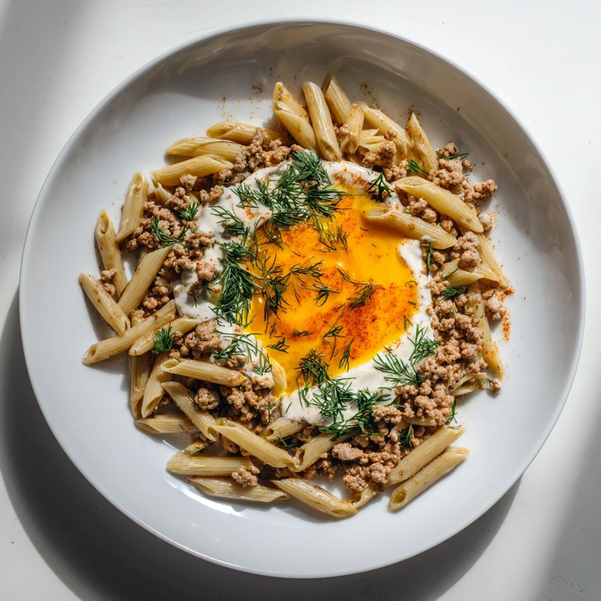 Steaming Turkish Pasta with Ground Turkey, garnished with fresh herbs and a vibrant paprika butter drizzle.