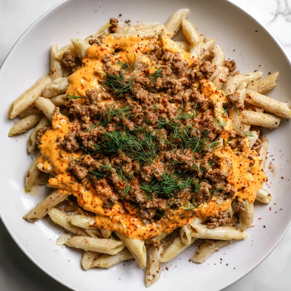 Close-up of Turkish Pasta with Ground Turkey: a delicious meal showcasing the textured pasta and flavorful sauce.