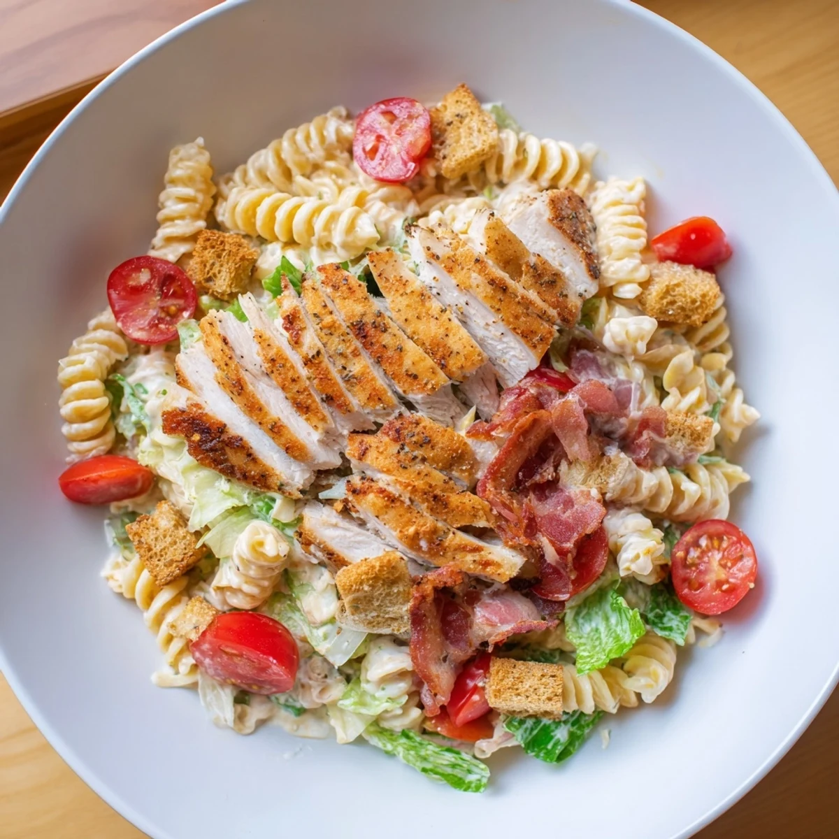 Creamy Caesar dressing coats a delicious Chicken Caesar Pasta Salad with rotini and juicy tomatoes.