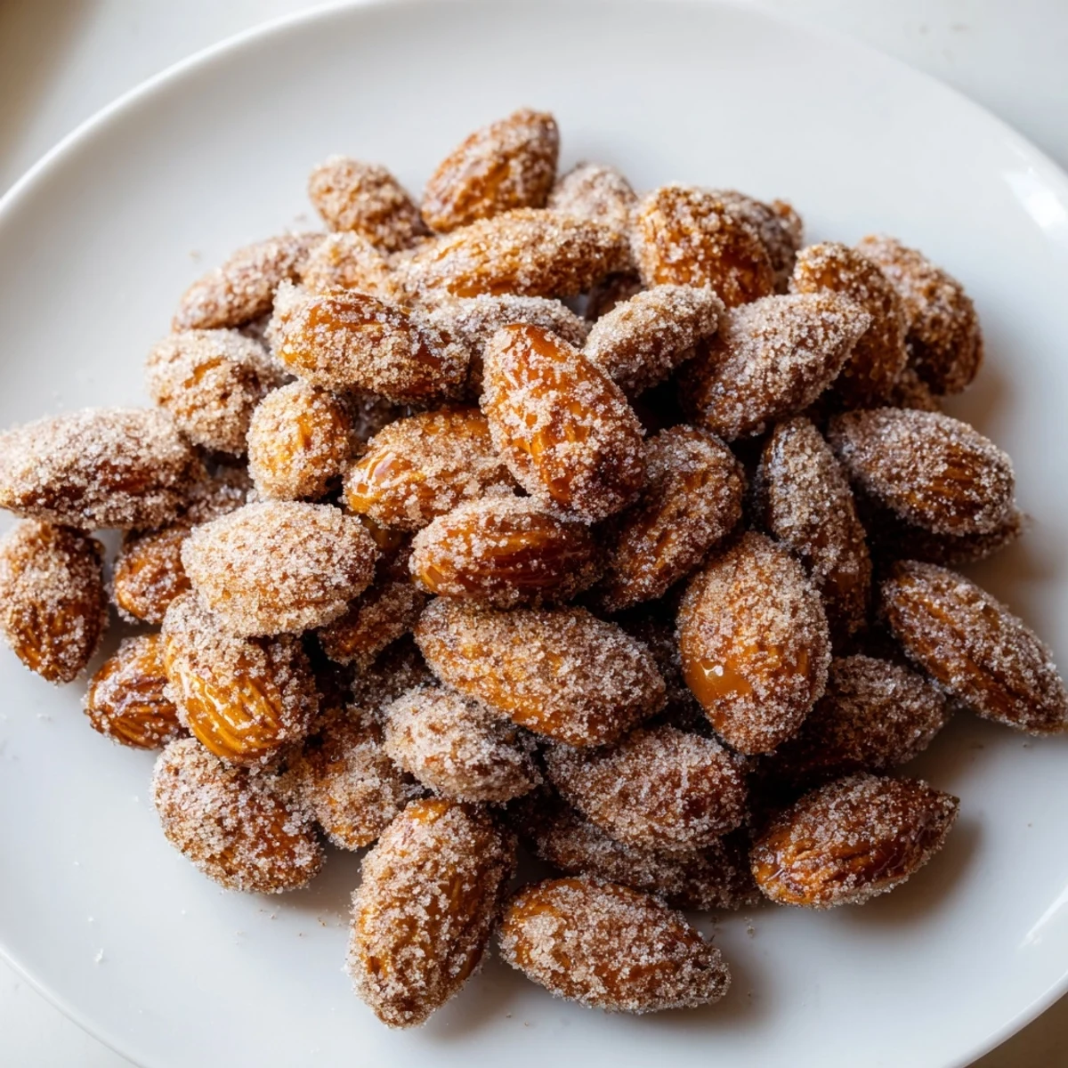 Golden, glistening cinnamon roasted almonds piled high in a rustic wooden bowl, ready to eat.