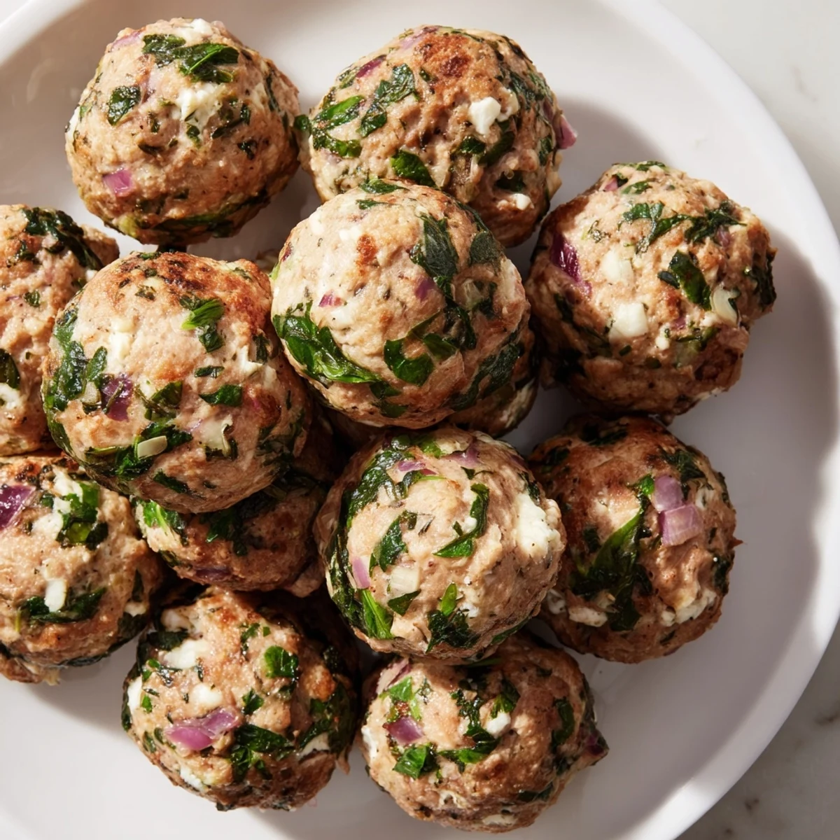 Golden-brown Spinach Feta Turkey Meatballs, tender and juicy, ready to savor warm with fresh herbs.