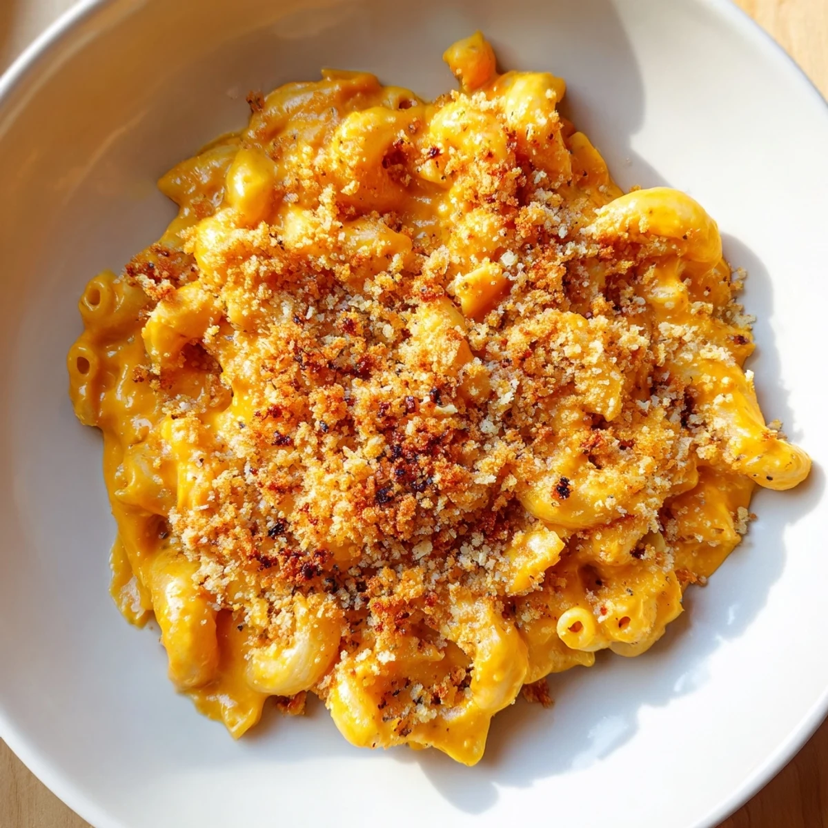 Homemade Butternut Squash Mac with a crispy breadcrumb topping, perfect for a cozy meal.
