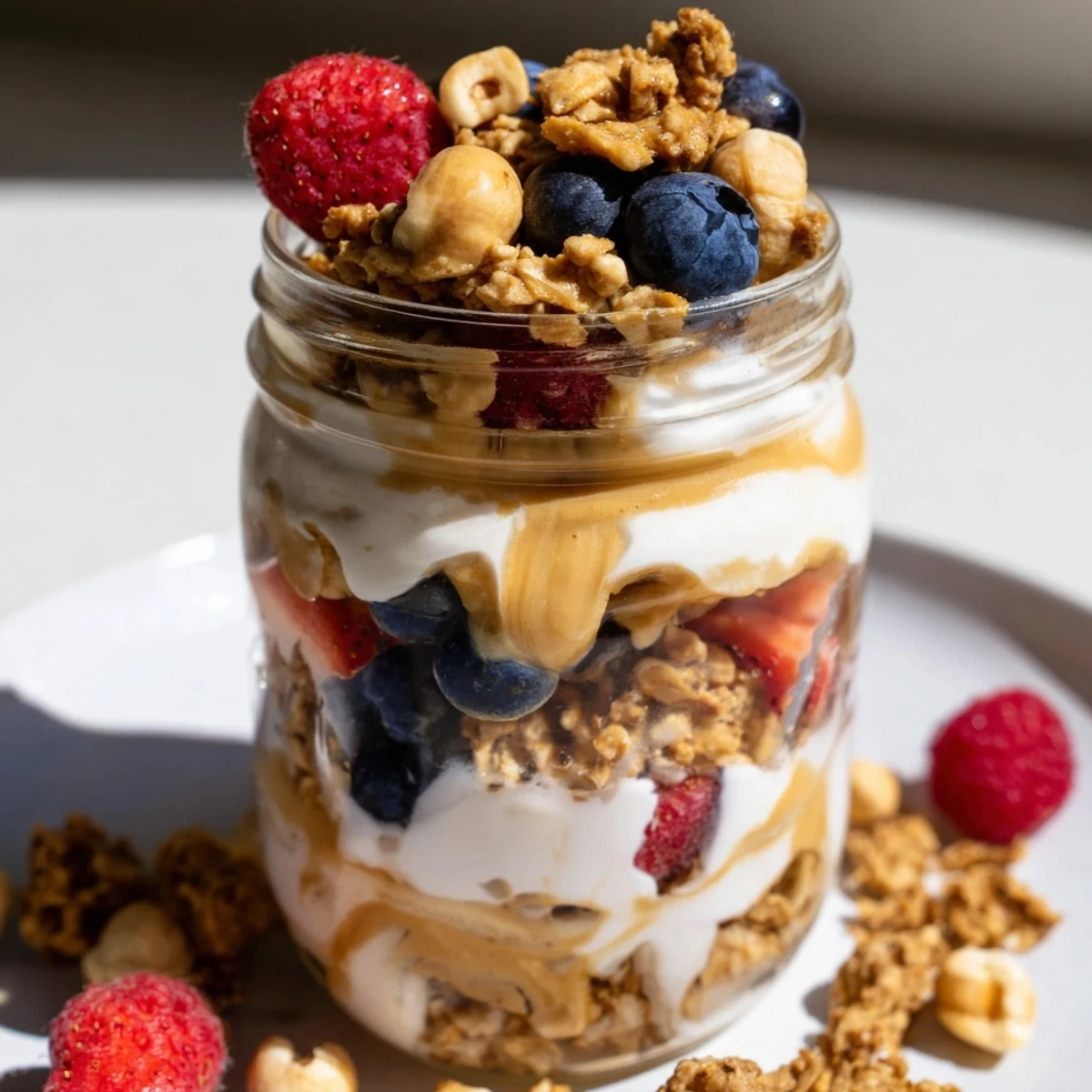 This Cashew Butter Yogurt Parfait showcases creamy yogurt, ripe berries, and a drizzle, perfect for a quick breakfast.