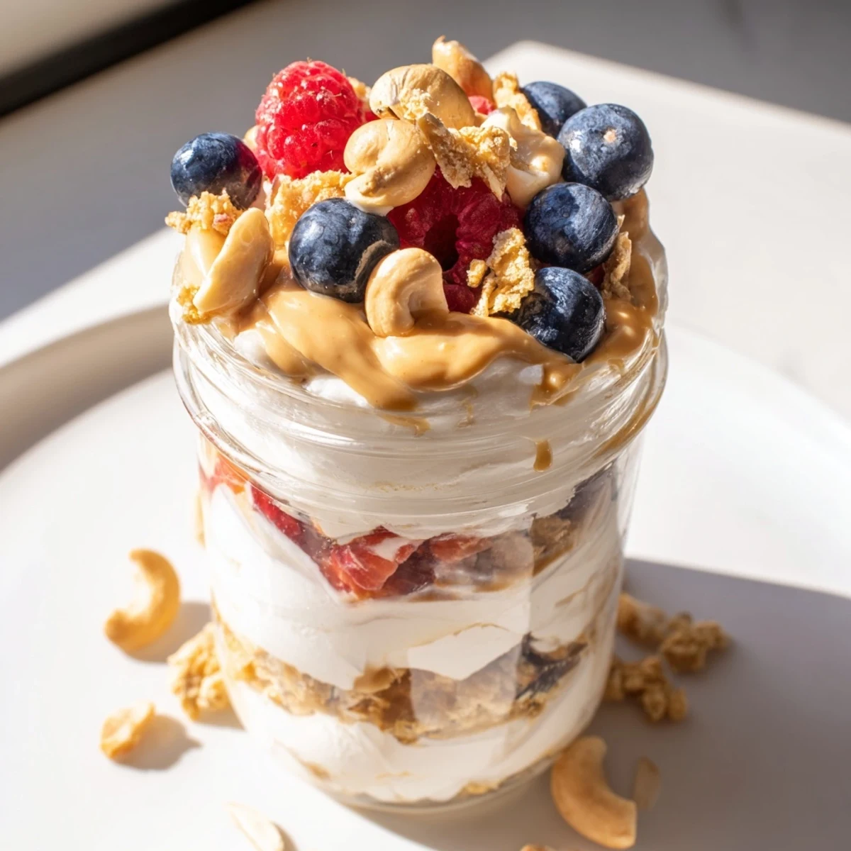 Enjoy a layered Cashew Butter Yogurt Parfait: the perfect blend of creamy yogurt, fresh fruit, and crunchy granola.