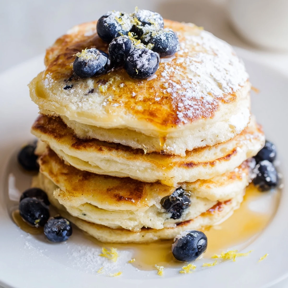 Stack of delectable lemon ricotta pancakes, served with optional maple syrup for a perfect breakfast.