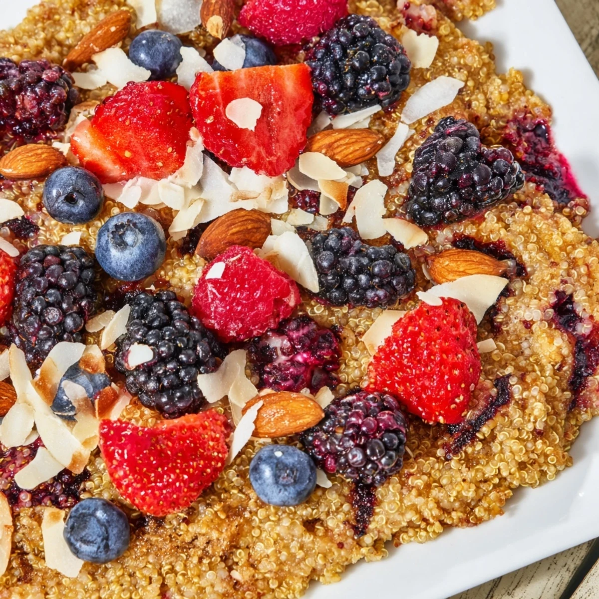 Warm, baked Berry Quinoa Breakfast Bake with vibrant berries and a sweet syrup glaze.