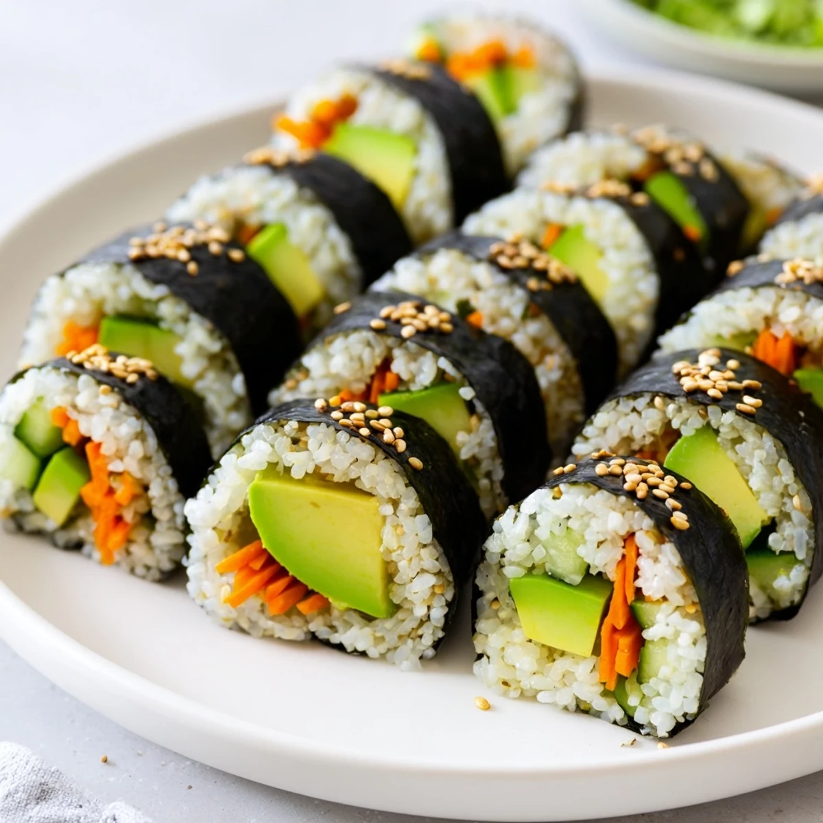 Close-up of freshly made Avocado Cucumber Sushi, displaying creamy avocado slices alongside crisp cucumber.
