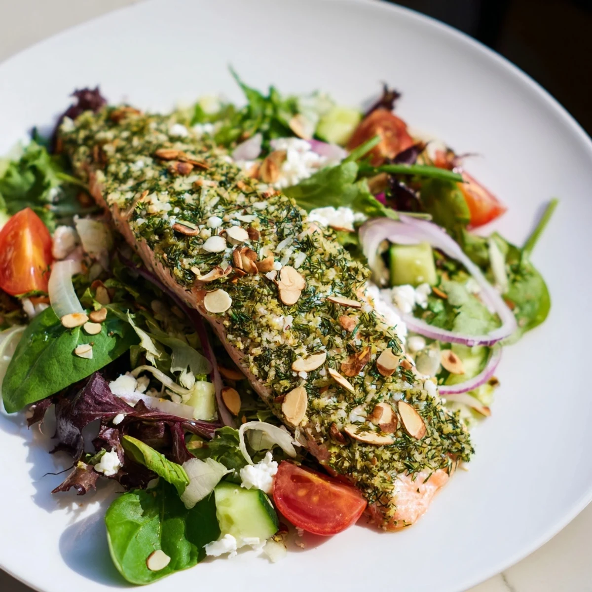 Warm herb-crusted salmon salad with flaky fish and vibrant, fresh salad ingredients.