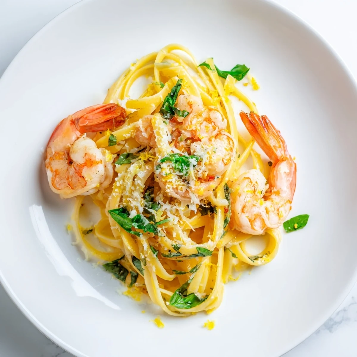 Golden, perfectly cooked Lemon Herb Pasta with Shrimp, seasoned with fresh herbs and a drizzle.
