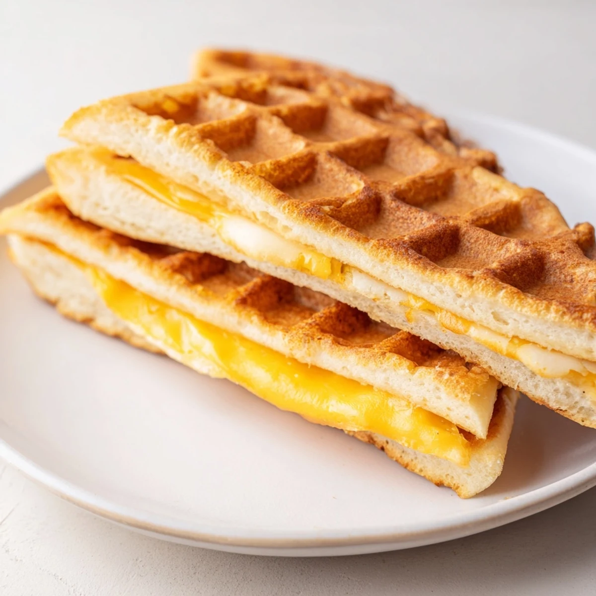 A close-up of a Waffle Grilled Cheese, showing the waffle-iron pattern and bubbling cheese.