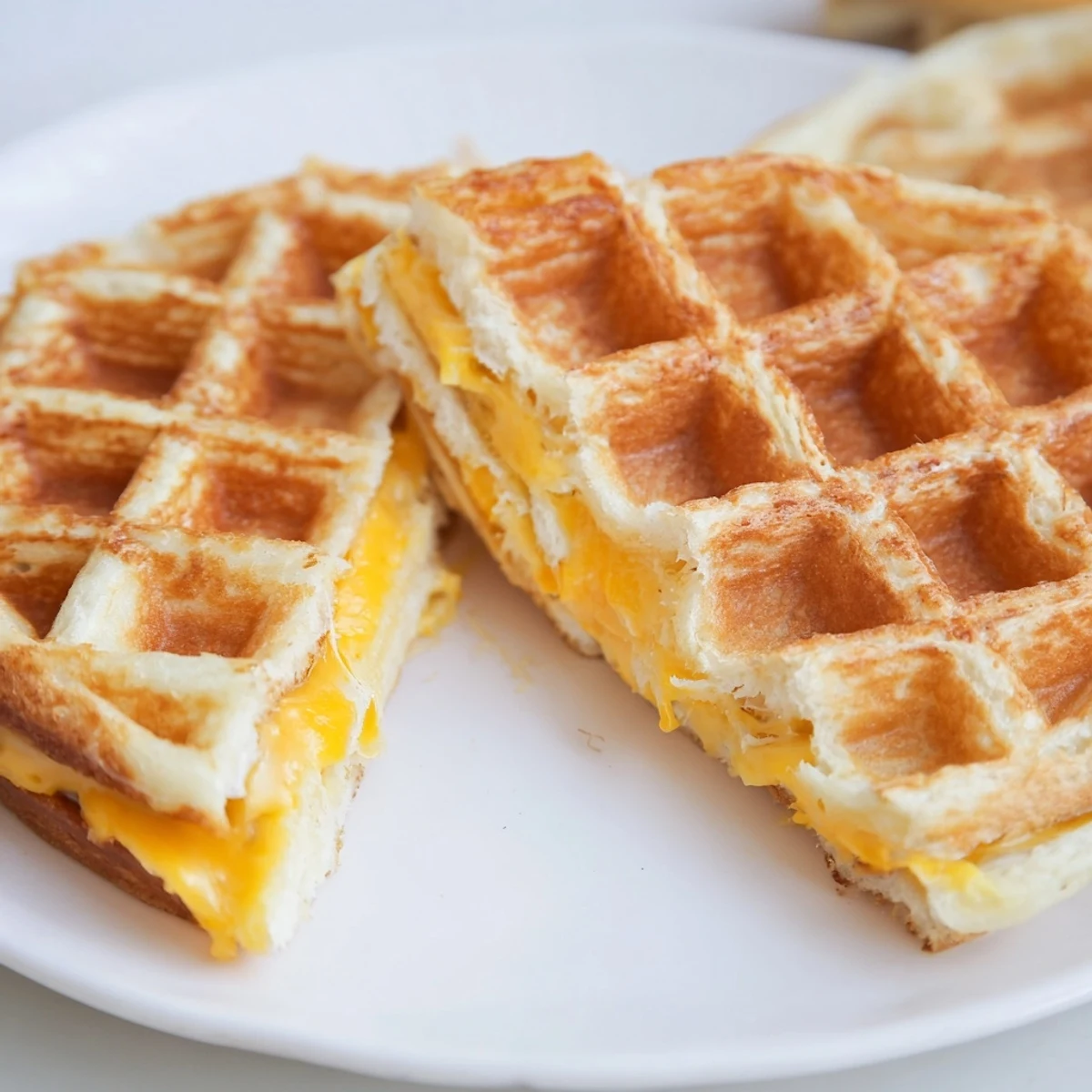 The simple pleasure of a warm, cheesy Waffle Grilled Cheese, ready to be sliced and enjoyed.
