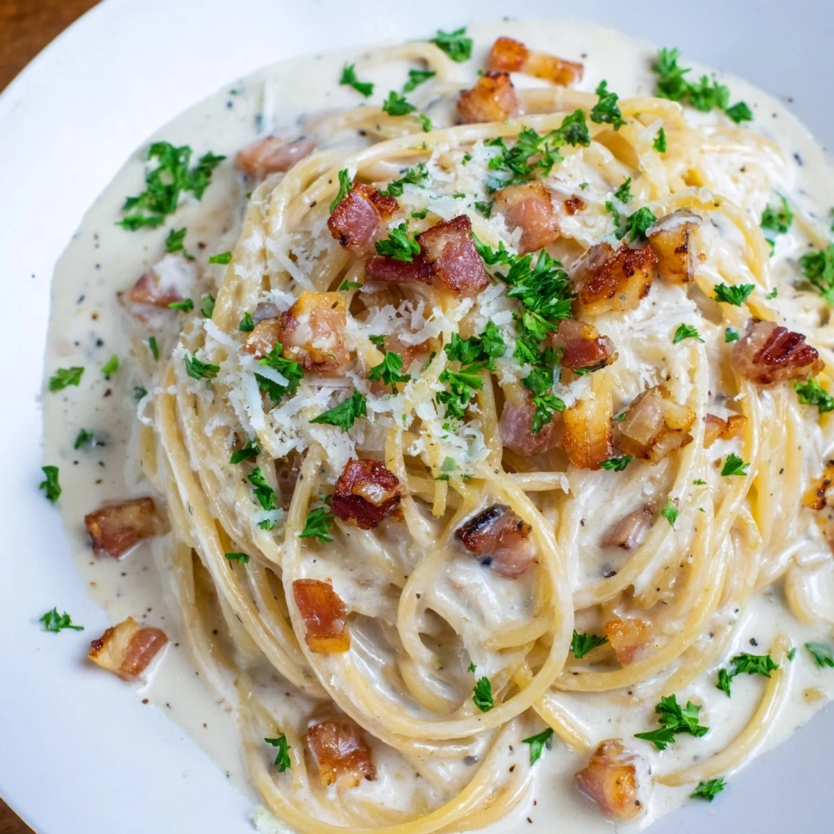 Silky cream coats strands of this delectable creamy garlic bacon pasta, topped with fresh parsley.