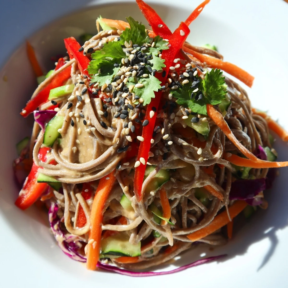 Close-up photo of delicious soba noodle salad, showcasing fresh ingredients and a zesty dressing.