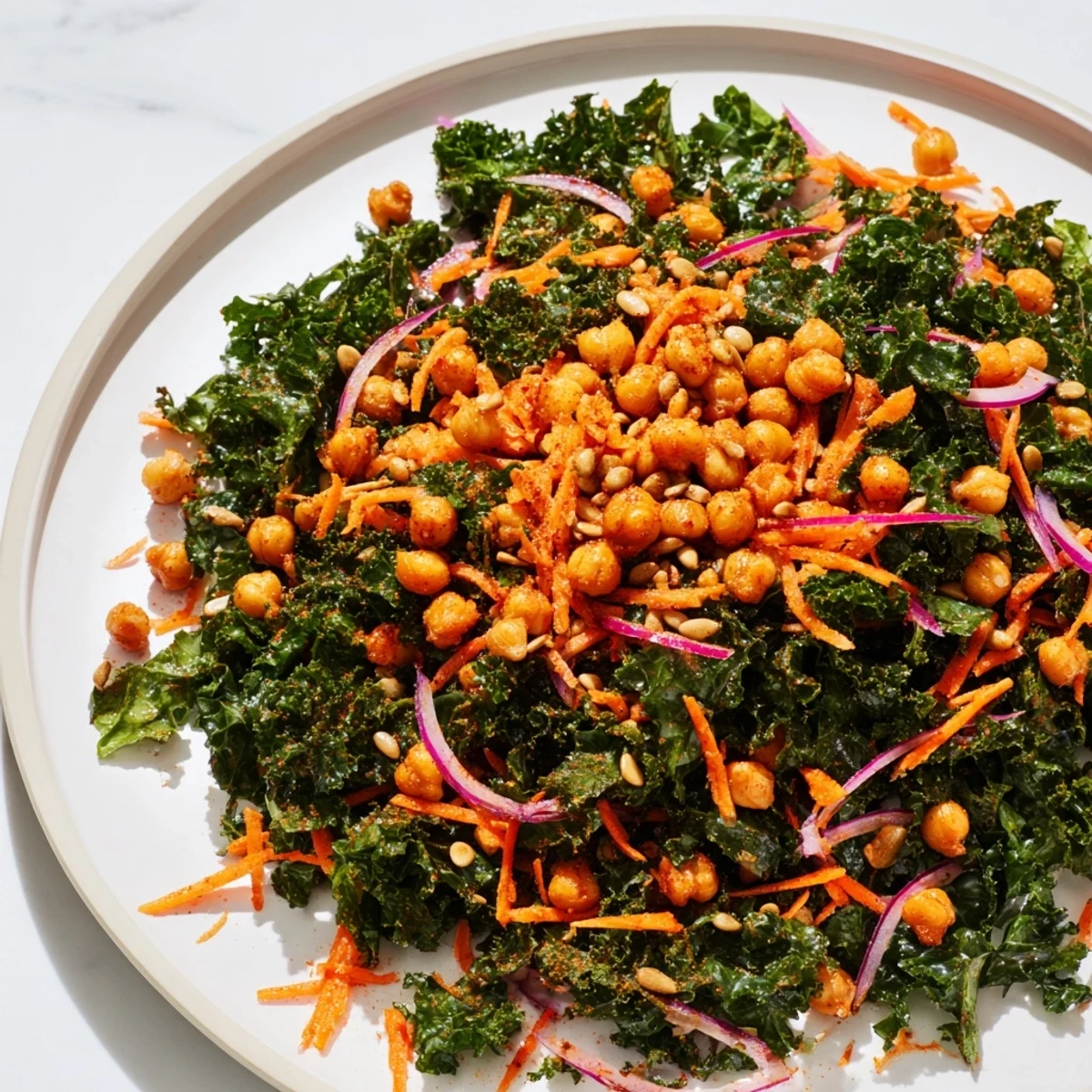 Close-up of a Kale Salad with Roasted Chickpeas featuring crispy chickpeas atop vibrant greens.