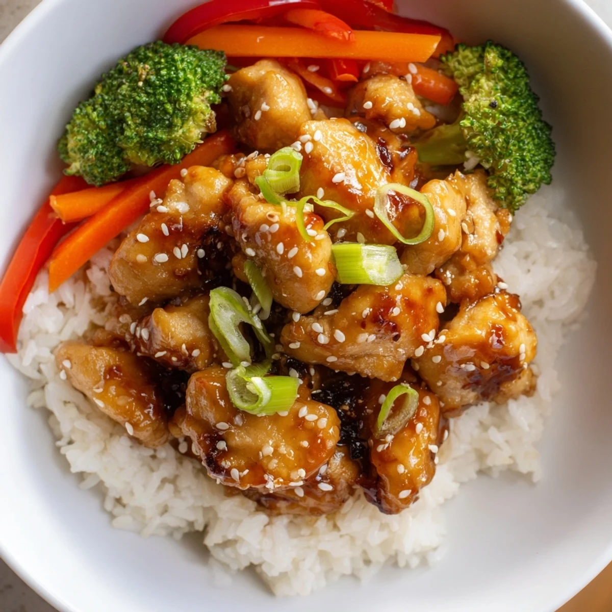 Tender teriyaki chicken rice sits atop fluffy white rice, ready for a satisfying, balanced meal.