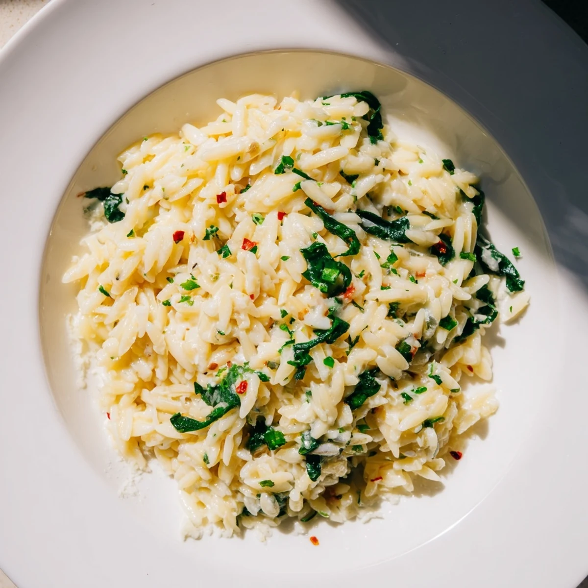 Delicious, steaming bowl of One-Pot Creamy Orzo; the creamy sauce clings to the tender orzo.