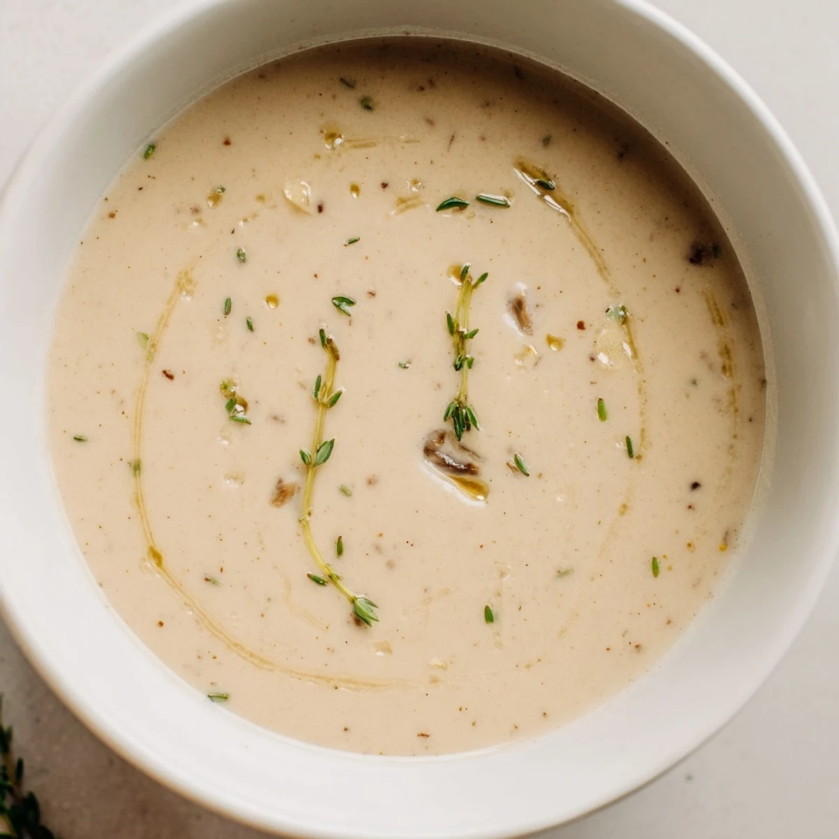 Velvety smooth Creamy Mushroom Bisque in a rustic bowl, perfect for a cozy dinner.