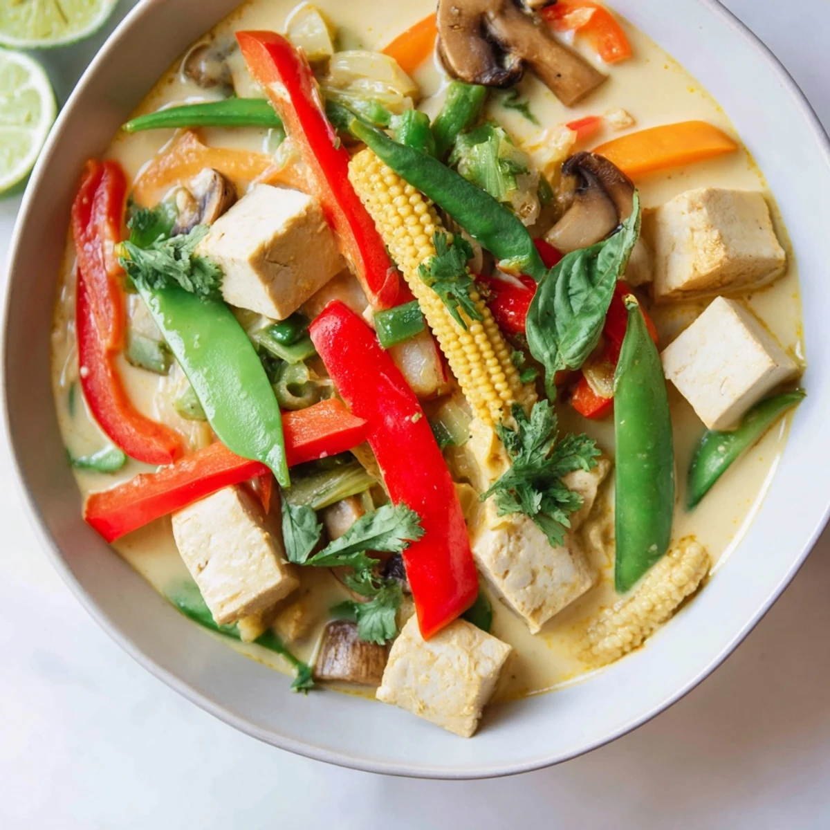Creamy, flavorful Thai Green Curry Coconut Soup, showcasing tender vegetables and tofu in a warm broth. 