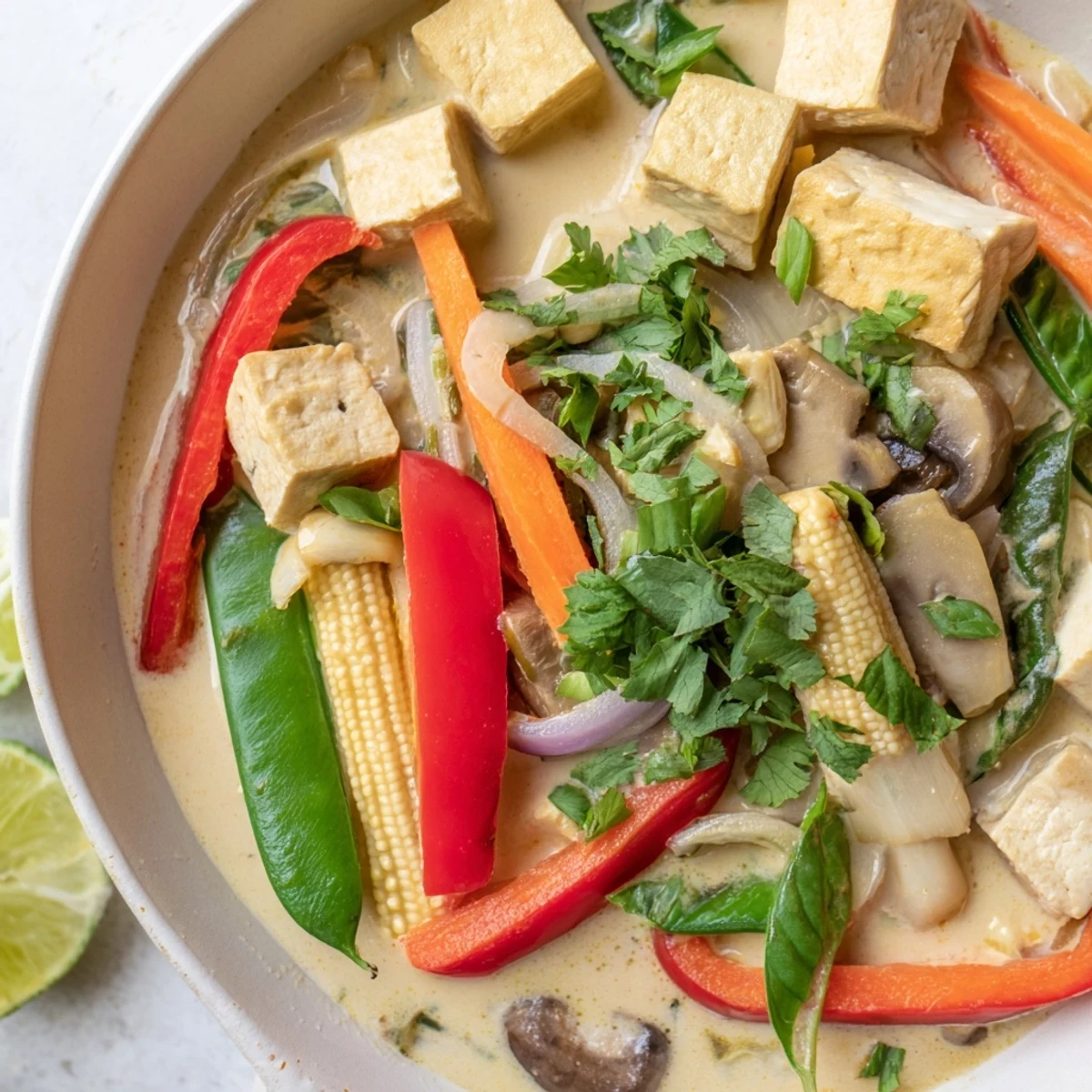 Steaming bowl of Thai Green Curry Coconut Soup, garnished with vibrant cilantro and lime wedges.