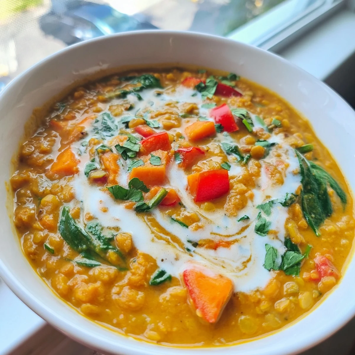 Steaming hot bowl of Lentil Red Curry Soup, garnished with cilantro, ready to eat.