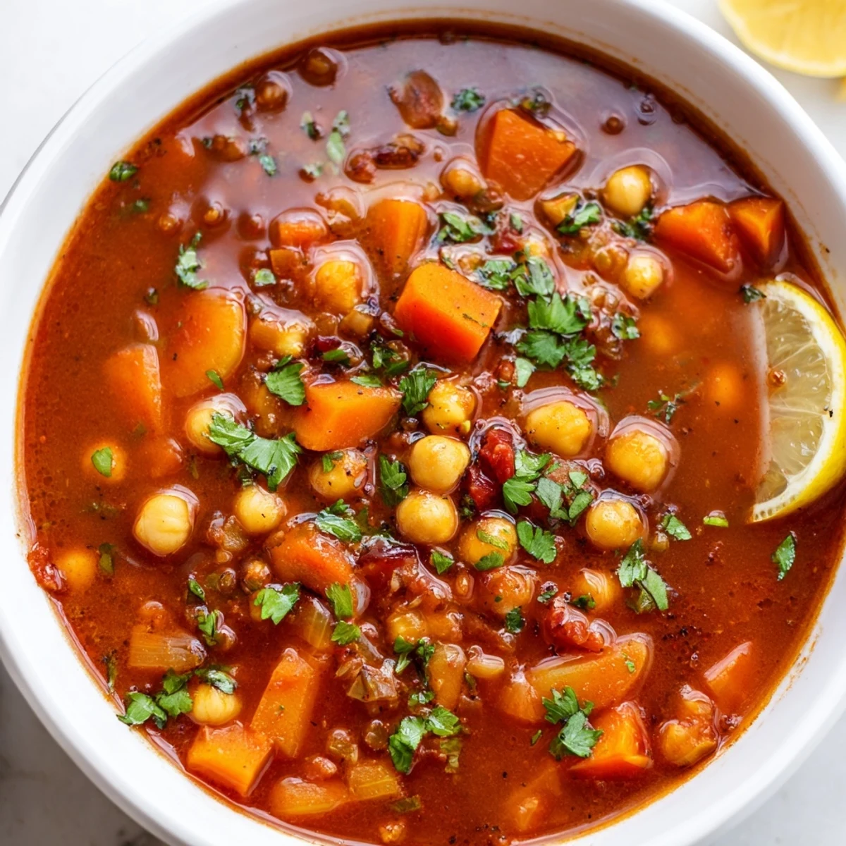 Hearty North African Harira Soup, brimming with chickpeas, lentils, and the warmth of spices, ready to eat.
