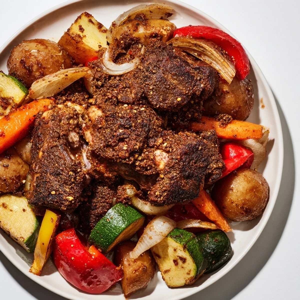 Aromatic Jordanian Zarb, featuring slow-cooked lamb and colorful vegetables, shown on a platter.