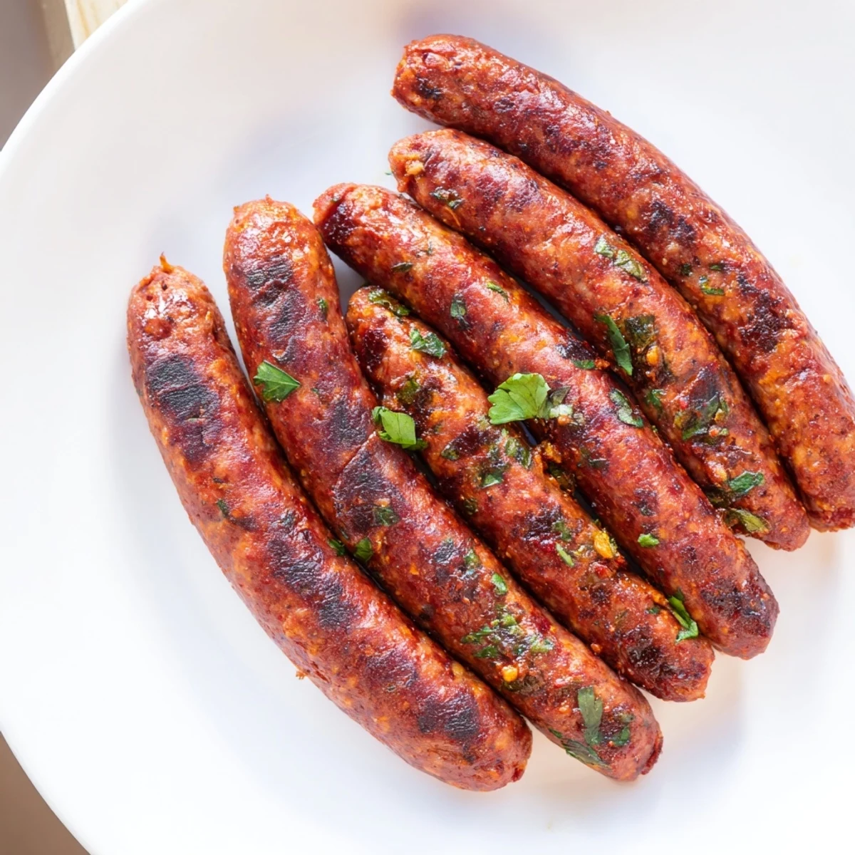 Close-up of freshly grilled Tunisian Merguez sausage, showcasing the vibrant spices and juicy texture.