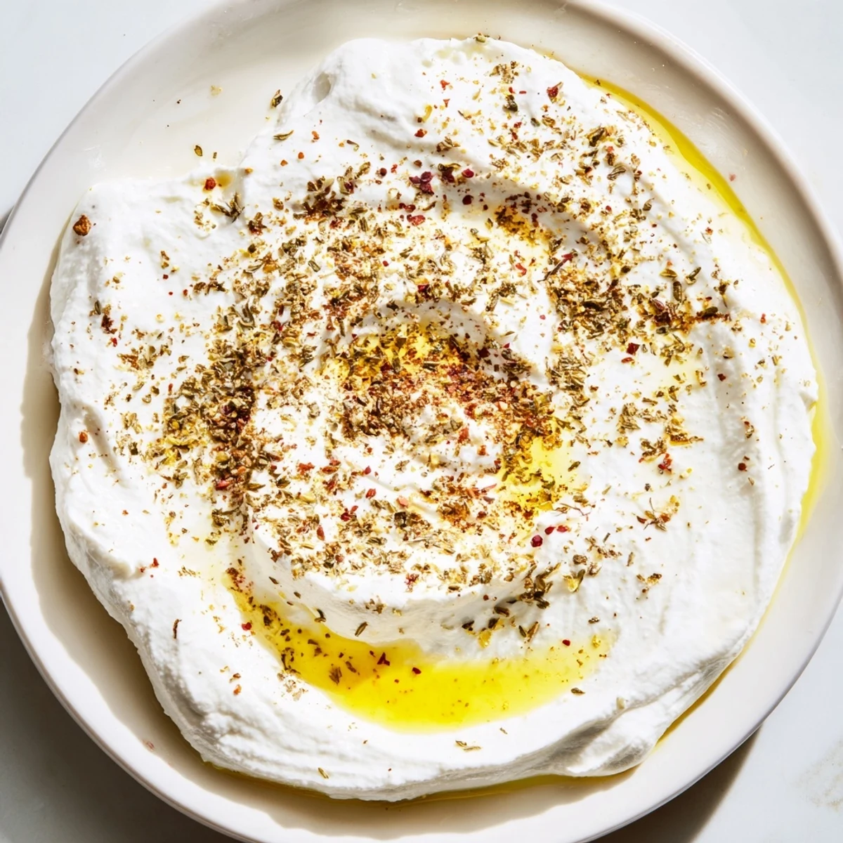 Bright white Levantine labneh, beautifully garnished with mint, looking delicious as a dip.