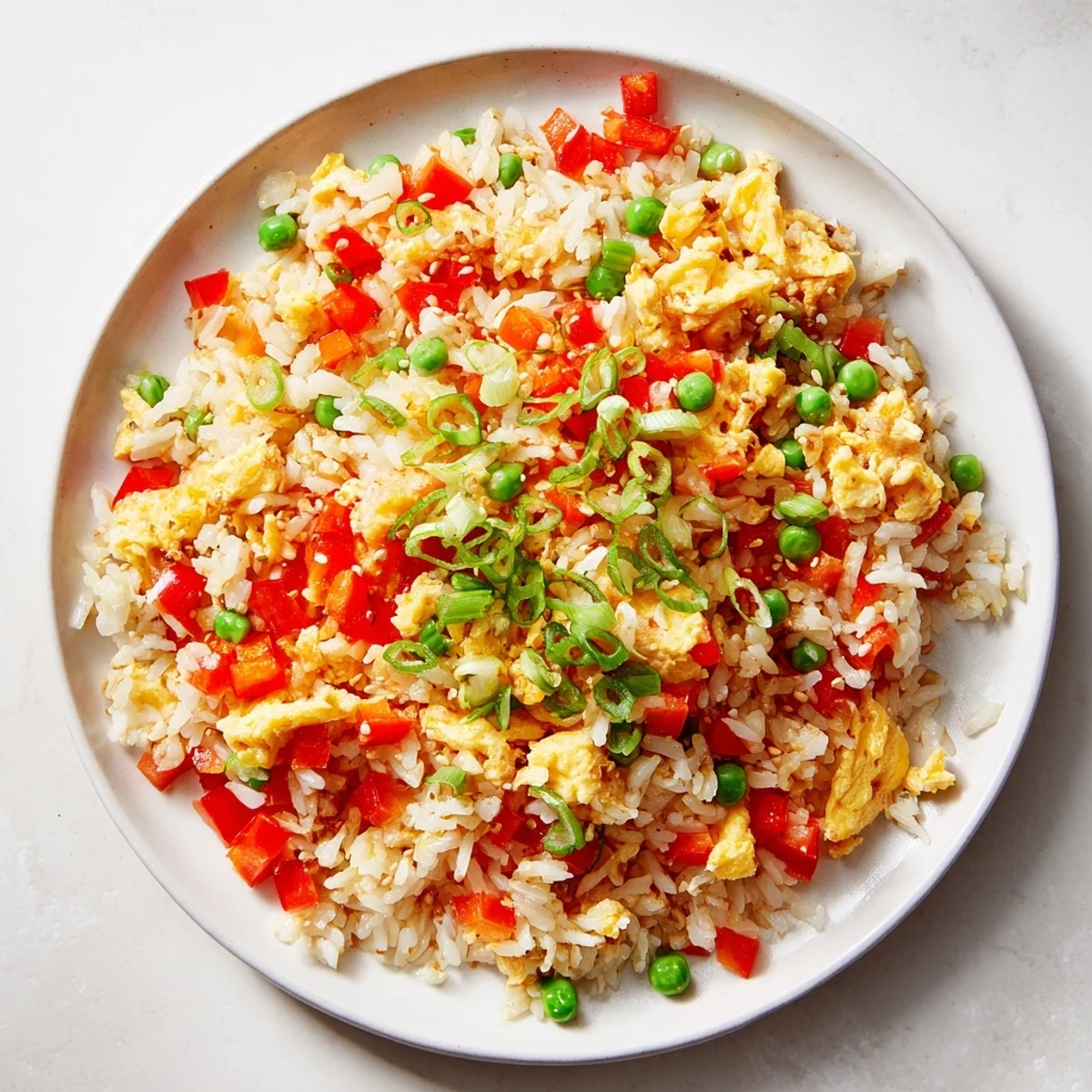 Golden, fluffy Egg Fried Rice: a tempting stir-fry featuring egg-coated rice, fresh veggies, and savory sauce.