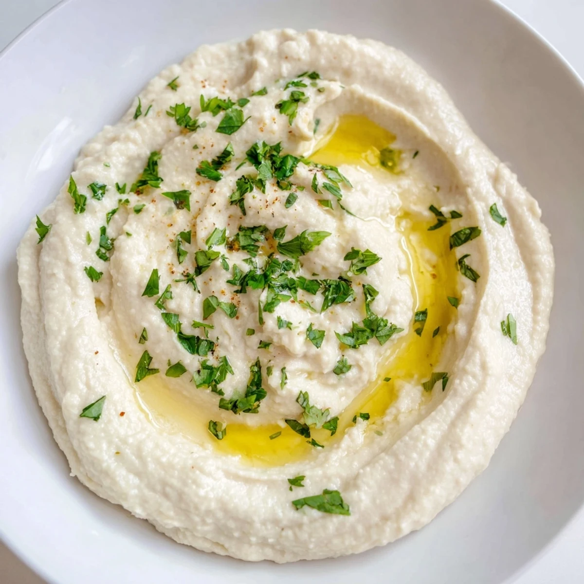 Creamy White Bean Dip, drizzled with olive oil, ready to be scooped with warm pita bread.