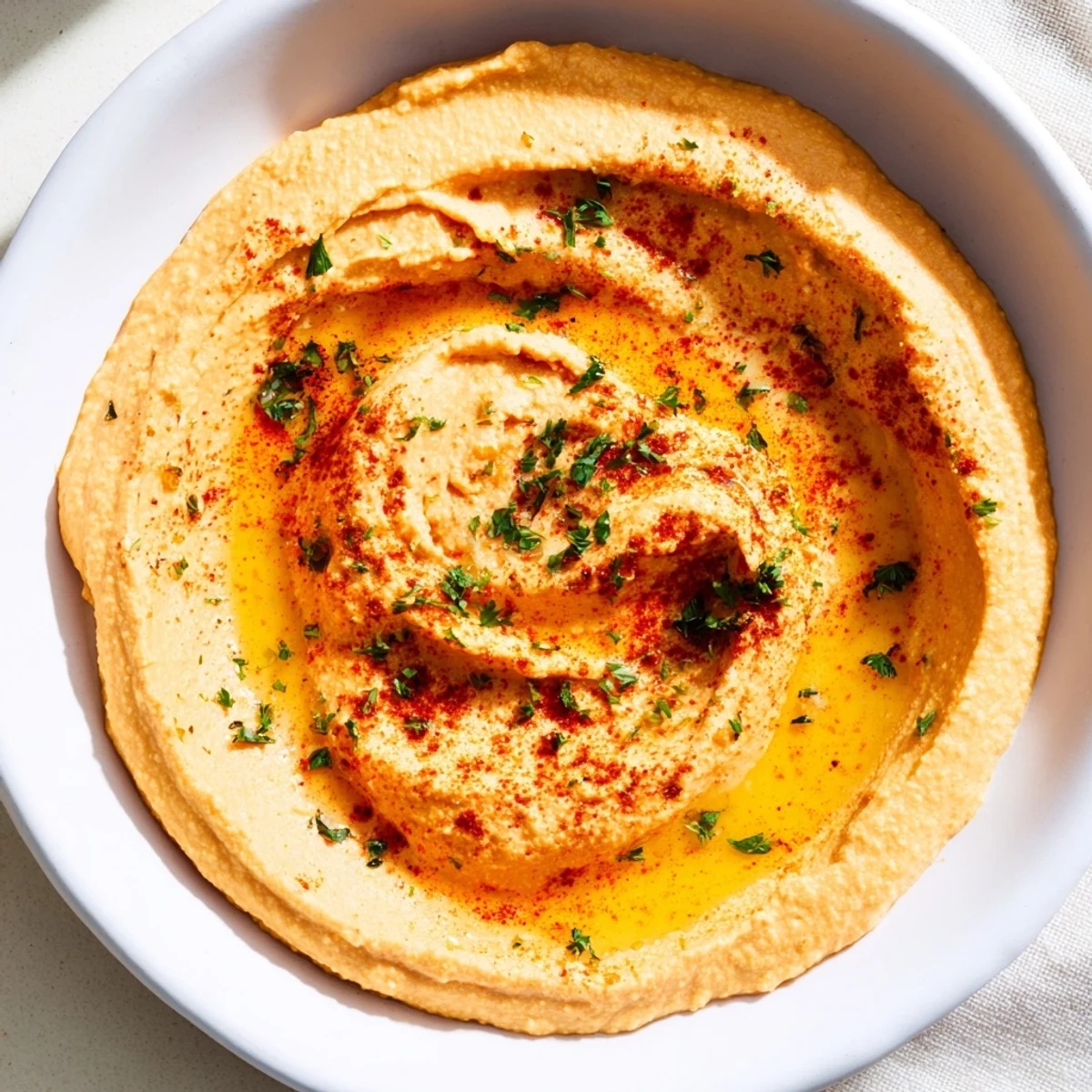 Smooth, homemade Roasted Red Pepper Hummus, drizzled with olive oil, ready to serve with pita.