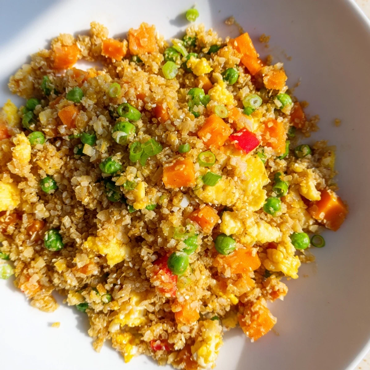 Steaming cauliflower fried rice with colorful vegetables ready to eat and enjoy.