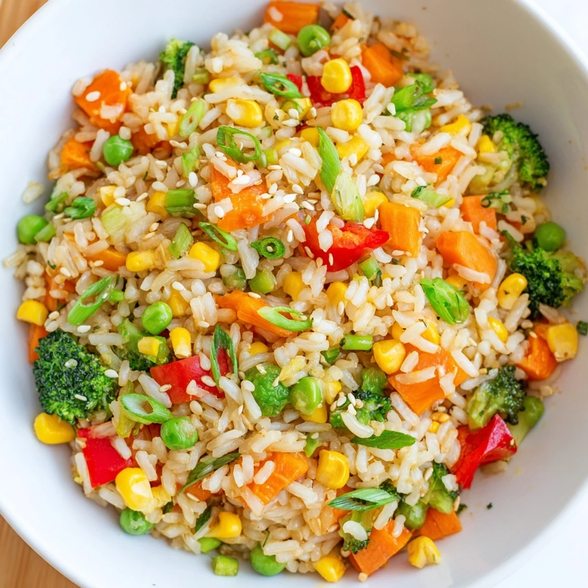 Scrumptious Vegetable Fried Rice, sizzling in a wok, with colorful veggies and fluffy rice.