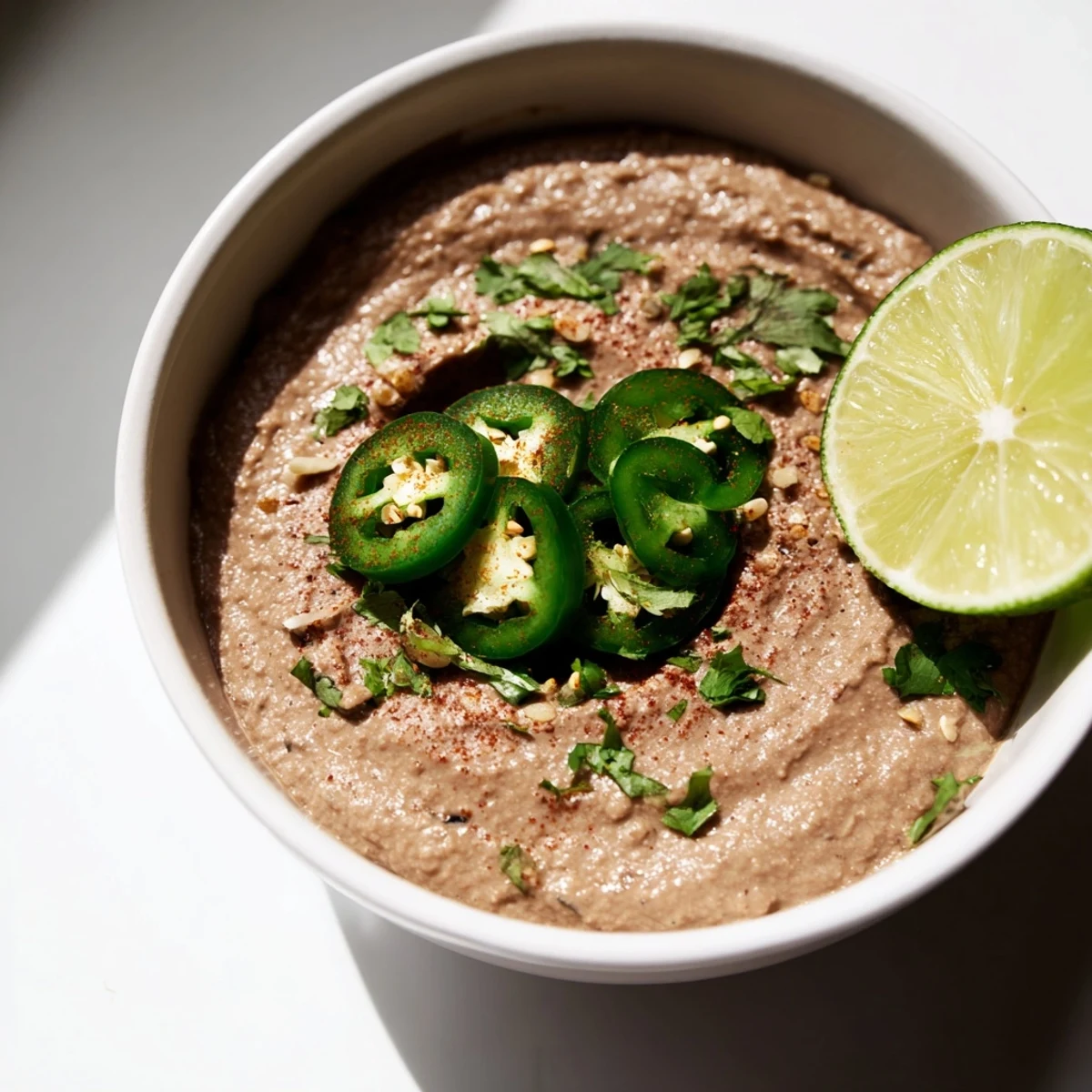 Creamy Spicy Black Bean Dip, garnished with cilantro, is perfect for dipping tortilla chips at a party.