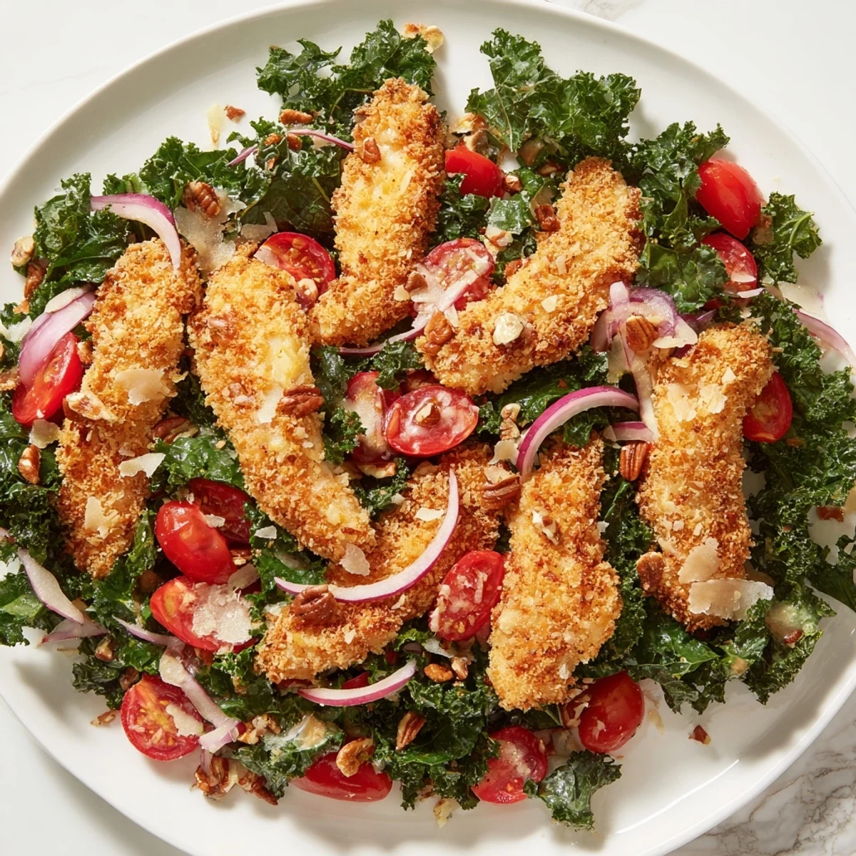 Golden, crispy chicken strips rest atop a vibrant bed of kale, cherry tomatoes, and red onion in this hearty Crispy Chicken Kale Salad.  