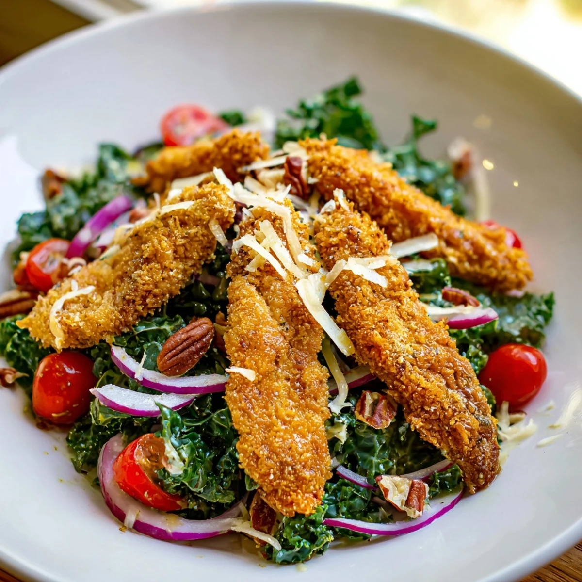 A close-up view shows the Crispy Chicken Kale Salad featuring golden-brown cutlets and fresh greens drizzled with tangy maple-Dijon dressing.  